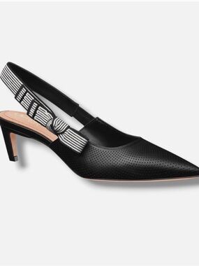 Dior Black Pointed Perforated Slingback Kitten Heel with Striped Bow Strap